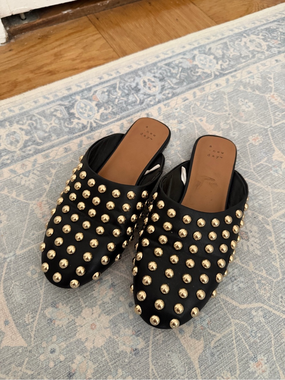 a new day Black Mule Slides with Gold Studs